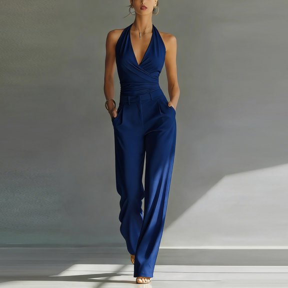 Gamivast Jumpsuits for Women Dressy Deep V-Neck Halter Backless Wide Leg Pants Romper Cocktail Party Clubwear formal Elegant One Piece