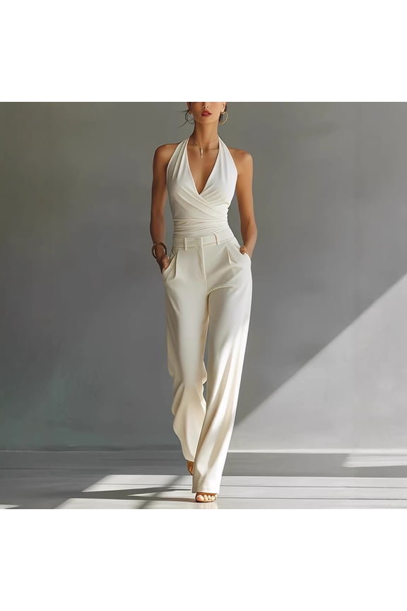 Jumpsuits for Women Dressy Deep V-Neck Halter Backless Wide Leg Pants Romper Cocktail Party Clubwear formal Elegant One Piece