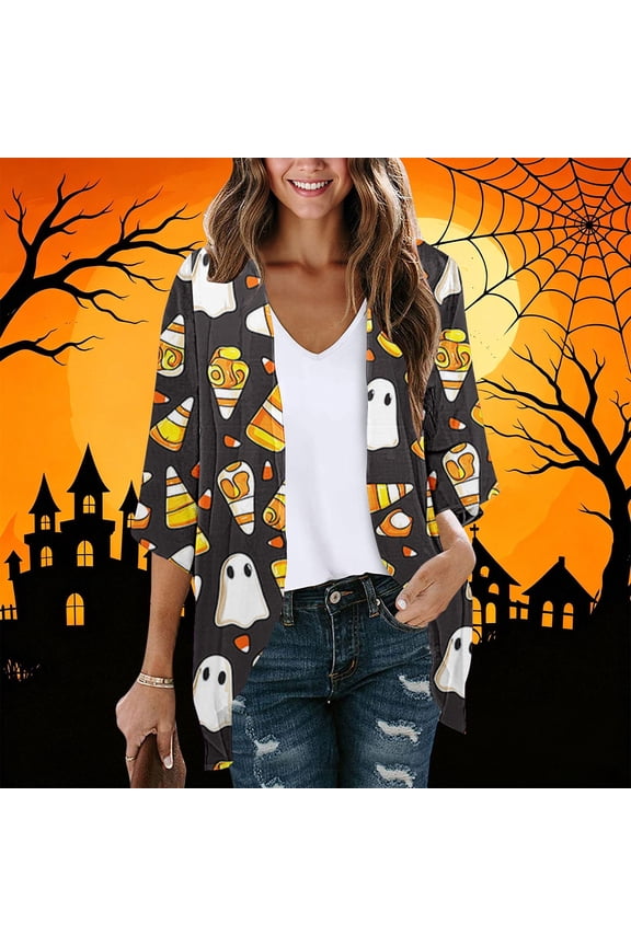 Kimono Cardigan for Women Ghoest Halloween Lightweight 3/4 Sleeve Open Front Fall Thanksgiving Layering Cover up Black S