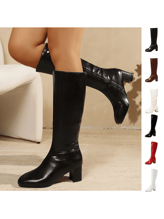 Knee High Boots for Women Faux Leather Boots Side Zip Square Toe Block Heel Dress Boots for Office Work Party Travel Evening formal Footwear Black 36