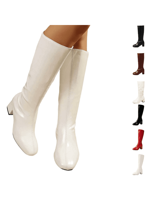 Knee High Boots for Women Faux Leather Boots Side Zip Square Toe Block Heel Dress Boots for Office Work Party Travel Evening formal Footwear White 36