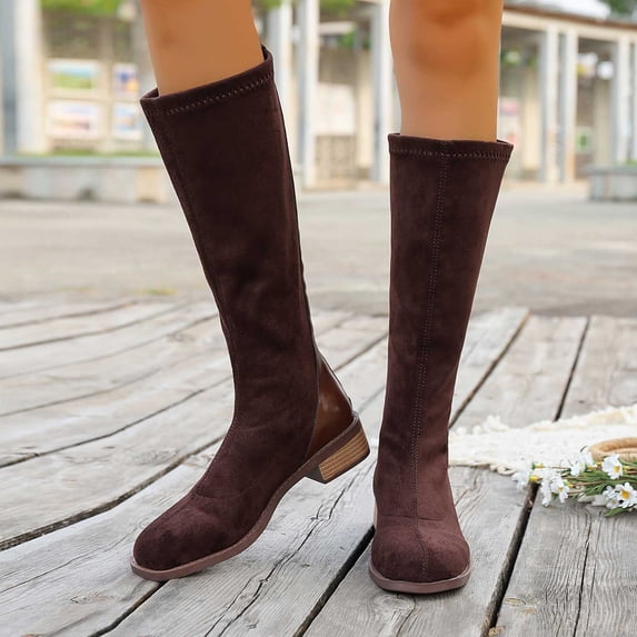 Gamivast Knee High Boots for Women Faux Suede Boots Stretch Shaft Round Toe Low Heel Riding Boots for Outdoor Walking Travel Daily Casual Footwear Coffee 39