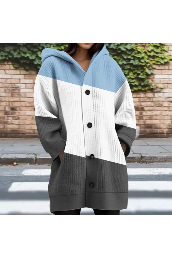 Knit Chunky Sweaters for Women Color Block Oversized Hooded Button Down Fall Cardigan Long Drop Shoulder Long Sleeve Winter Jackets with Pockets Thermal Warm Outerwear