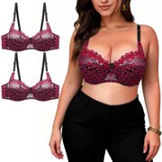 Gamivast Lace Bra for Women 2 Pack Plus Size Underwire Bra Supportive Push up Comfortable Breathable Soft Lightweight Lifting Full Coverage Back Smoothing Everyday Bras Hot Pink L