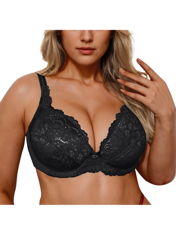 Lace Bra for Women Plus Size Push Up Bra Full Support Underwire Bras Comfortable Breathable Embroidery Thin Bras Black L Sujetadores Sin Varillas Para Mujer