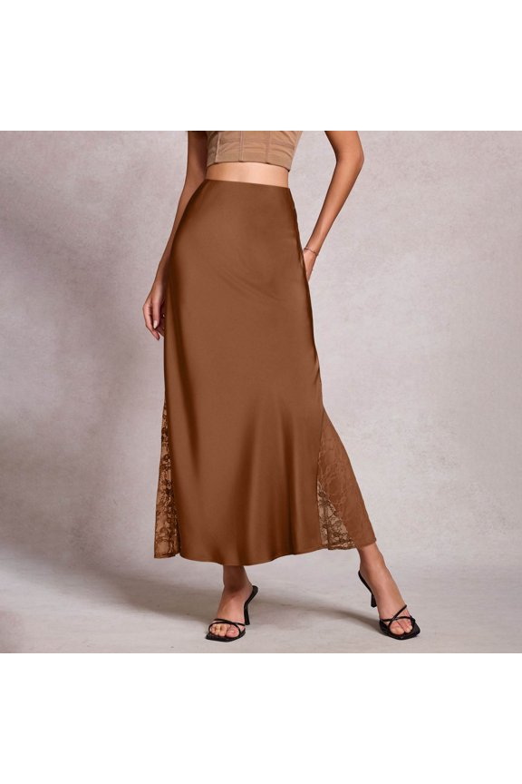 Lace Maxi Skirt for Women High Waisted Smooth Elegant Satin Skirt Side Slit with Sheer Floral Lace Insert Panel Evening Party Cocktail Slip Skirt