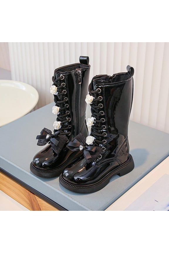 Lace-Up Boots Girls With Rose Flower Decor Knee-High Fashion Tall Boots With Side Zipper Cute Party Winter Shoes for Kids Black 25