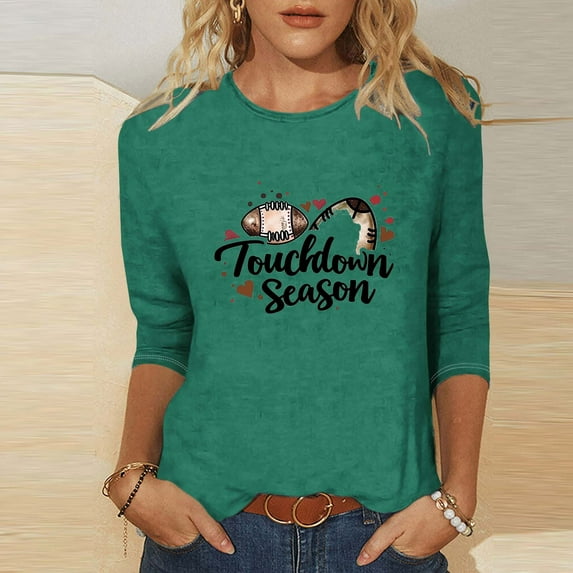 Gamivast Ladies Tops And Blouses Football & Heart Graphic 3/4 Sleeve Shirt Game Day Crewneck Tunic Going Out Sweatshirts casual Loose Superbowl Outfit S-5Xl