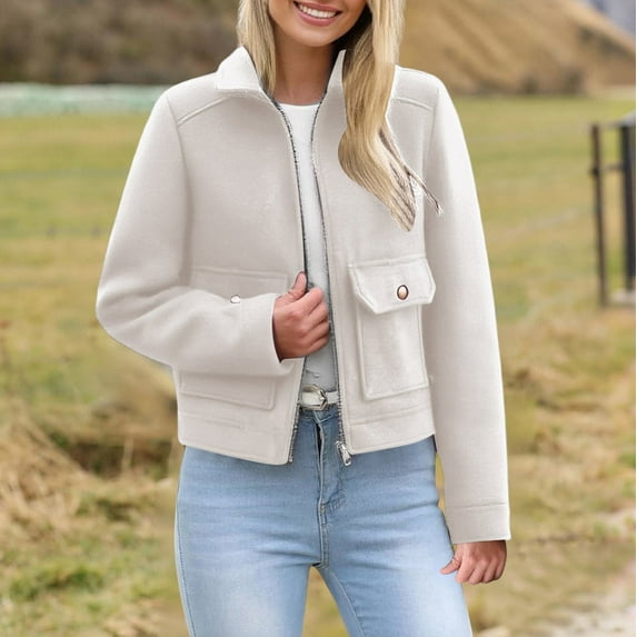 Gamivast Lightweight Cropped Zip Up Jacket For Women Fitted Long Sleeve Lapel Collar Coat With Pockets Solid Color Slim Fashion Casual Work Jackets Holiday Winter Warm Tops