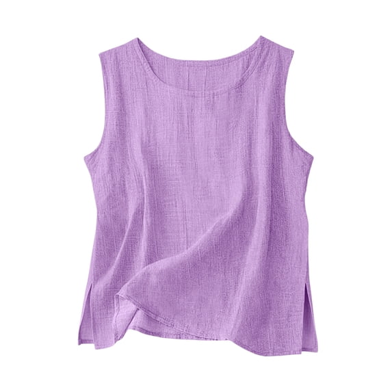 Gamivast Linen Basic Tops for Woman Crewneck Sleeveless Casual Everyday Wear Layering Tanks Loose Fit Solid Pattern Side Split Design Breathable Soft Summer Beach Shirts