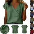 thumbnail image 1 of Gamivast Linen Blouses for Women Loose Fit Wrap V-Neck Summer Blouses Short Sleeve Tunic Tops Solid Linen Texture Soft Work Daily Wear Outfits, 1 of 8