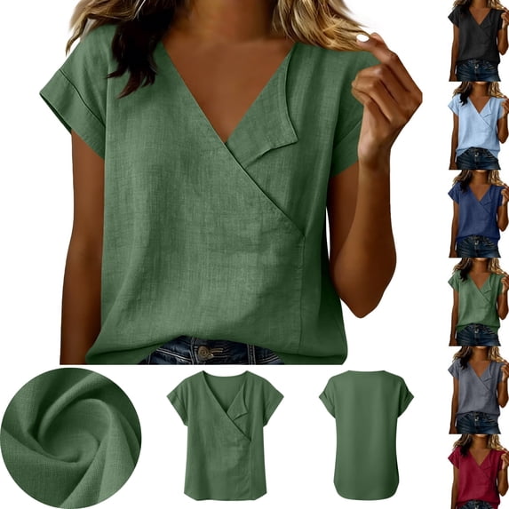 Gamivast Linen Blouses for Women Loose Fit Wrap V-Neck Summer Blouses Short Sleeve Tunic Tops Solid Linen Texture Soft Work Daily Wear Outfits