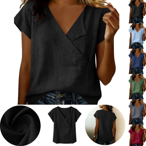 Gamivast Linen Blouses for Women Loose Fit Wrap V-Neck Summer Blouses Short Sleeve Tunic Tops Solid Linen Texture Soft Work Daily Wear Outfits