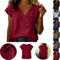 thumbnail image 1 of Gamivast Linen Blouses for Women Loose Fit Wrap V-Neck Summer Blouses Short Sleeve Tunic Tops Solid Linen Texture Soft Work Daily Wear Outfits, 1 of 8