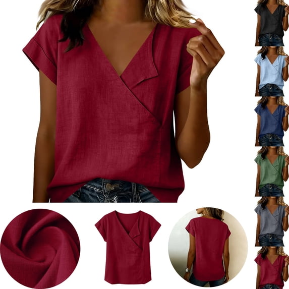 Gamivast Linen Blouses for Women Loose Fit Wrap V-Neck Summer Blouses Short Sleeve Tunic Tops Solid Linen Texture Soft Work Daily Wear Outfits