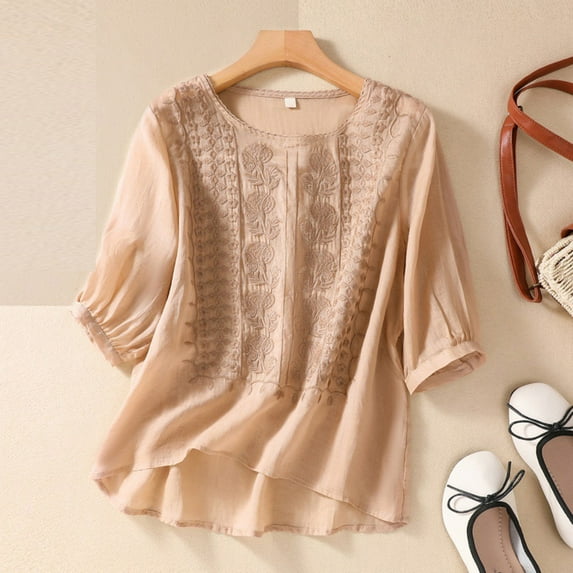 Gamivast Linen Boho Tops for Women Lace Embroidery Scoop Neck 3/4 Sleeve Tops Summer Blouses Sheer Mesh Peplum Shirts Loose Fit Vacation Outfits