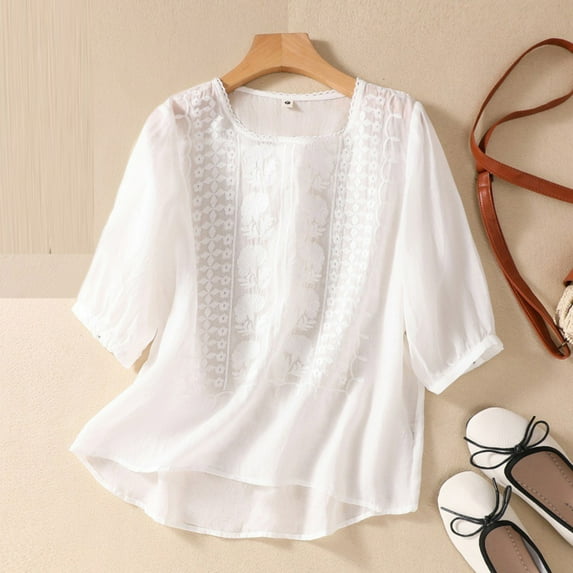 Gamivast Linen Boho Tops for Women Lace Embroidery Scoop Neck 3/4 Sleeve Tops Summer Blouses Sheer Mesh Peplum Shirts Loose Fit Vacation Outfits