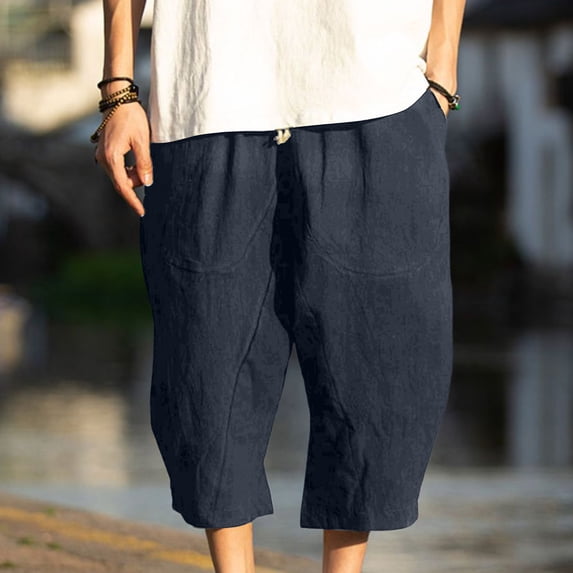 Gamivast Linen Capri Pants for Men Cropped Loose Fit Drawstring Elastic Waist Breathable with Pockets for Beach Walks Lounge Days Sweatpants Casual Vacation Wear Summer Trousers