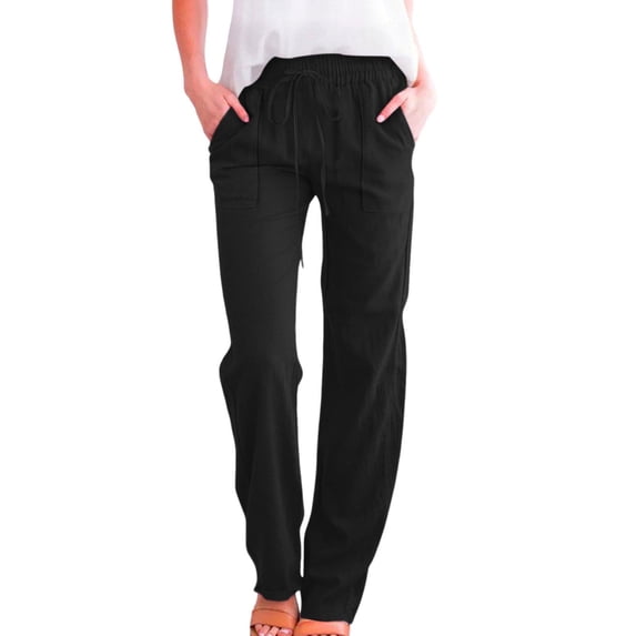 Gamivast Linen Casual Pants For Women Dstring Elastic Waist Patch Pockets Work Pants Straight Leg Summer Pants Solid Loose Fit Lightweight Daily Wear