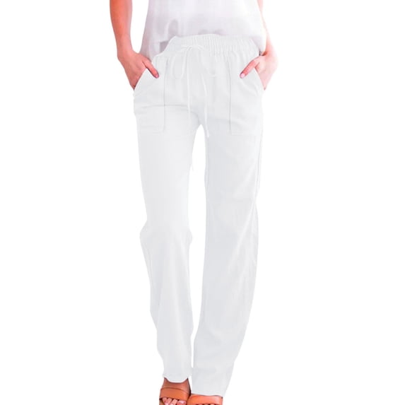 Gamivast Linen Casual Pants For Women Dstring Elastic Waist Patch Pockets Work Pants Straight Leg Summer Pants Solid Loose Fit Lightweight Daily Wear