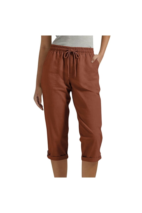 Linen Cropped Pants for Women High Waisted Drawstring Pull on Pants with Pockets Ankle Length Loose Fit Sweatpants for Brunch Plans Vacation Mornings and Everyday Comfort