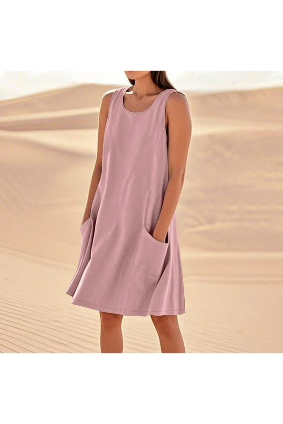Linen Cute Dresses for Women Comfy Scoop Neck Sleeveless Casual Dress Loose Shift Fit Large Front Pockets Lounge Dress Solid Flowy Everyday Wear