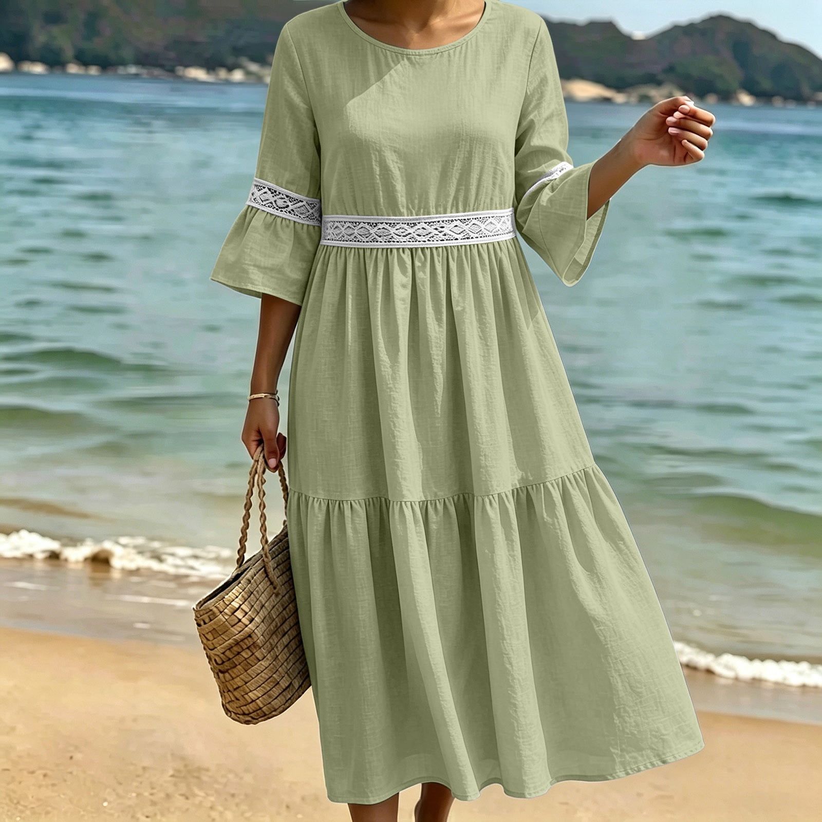 cute summer linen dresses Gamivast for Women 3/4 Flare Sleeve Tiered Ruffle Maxi Dress Lightweight Lace Trim A-Line Sundress Flowy Vacation Beach White linen shirt dress Plus Size Black Dresses hextomemm fits hips around 33 Size:L (40/42)
