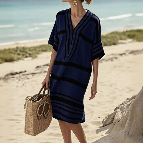 Gamivast Linen Dresses for Women Short Sleeve V Neck Loose Fit Shift Midi Dress Striped Pattern Flowy Comfy Casual Beach Vacation Summer Dresses Spring Dresses