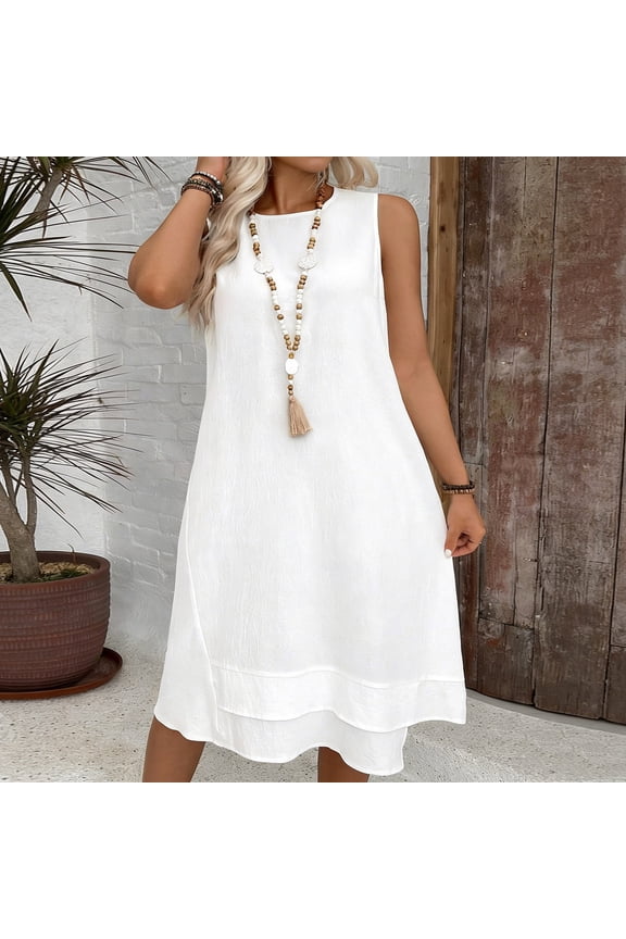 Linen Dresses for Women Sleeveless Crew Neck Loose Fit Shift Midi Dress Solid Color Flowy Comfy Casual Daily Everyday Wear Summer Dresses Spring Dresses