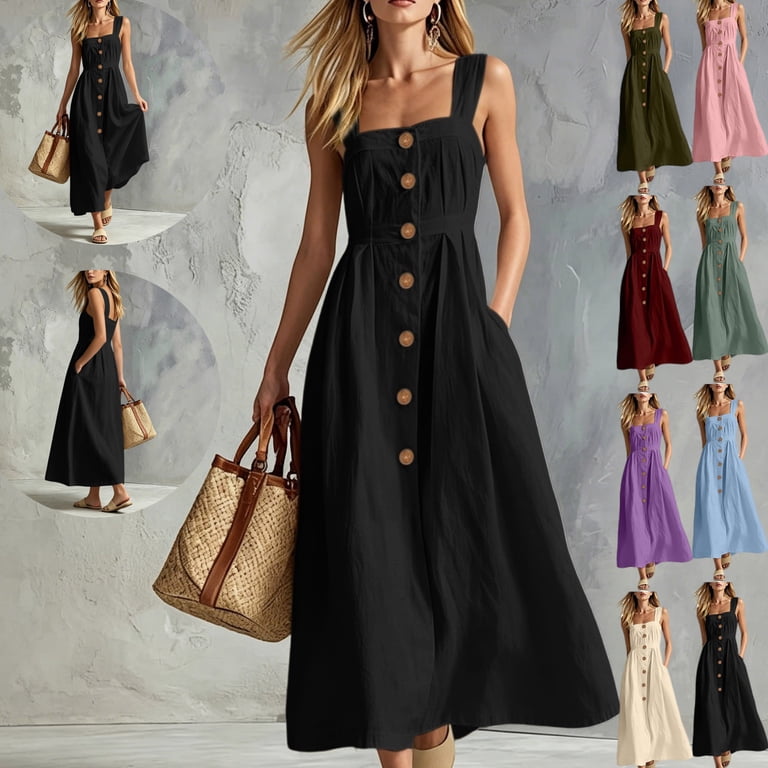 Gamivast Linen Dresses for Women Sleeveless Square Neck Button Front Maxi Dress with Pockets Casual A-Line Sundress Summer Vacation Beach Dress Black M