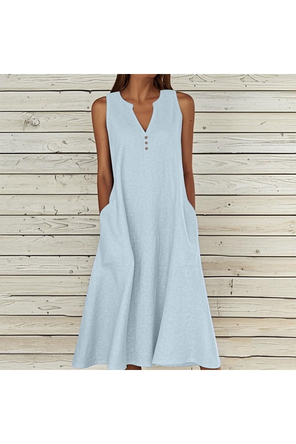 Linen Dresses for Women Sleeveless V Neck Relaxed Fit Shift Midi Dress Cotton Linen Solid Button Decor Pockets Comfy Casual Daily Wear Summer Dresses