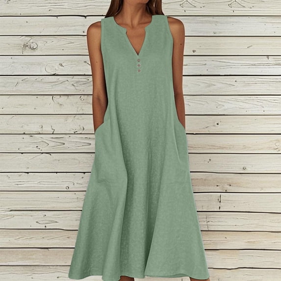 Gamivast Linen Dresses for Women Sleeveless V Neck Relaxed Fit Shift Midi Dress Cotton Linen Solid Button Decor Pockets Comfy Casual Daily Wear Summer Dresses
