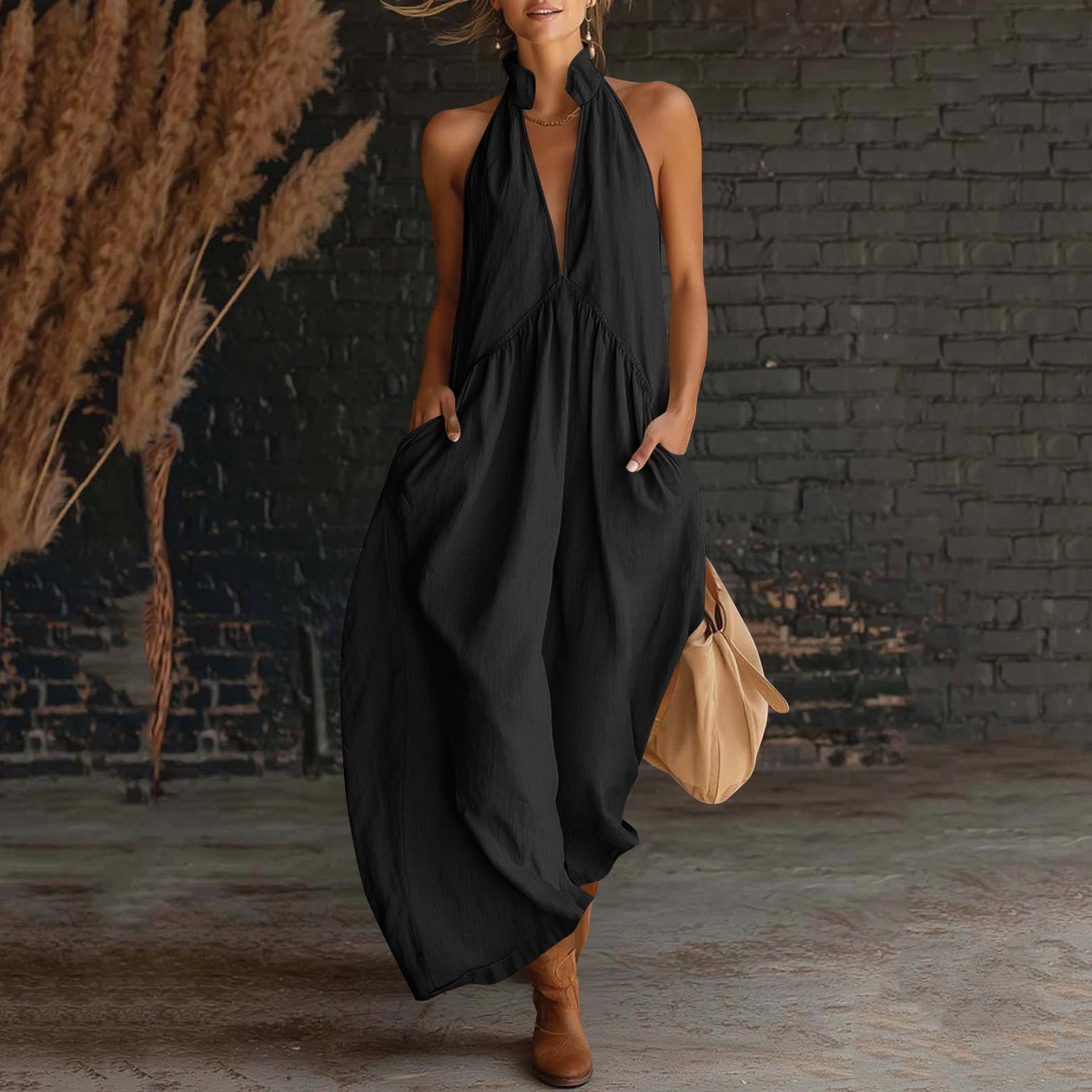 Gamivast Linen Dresses for Women Halter Deep V Neck Maxi Dress