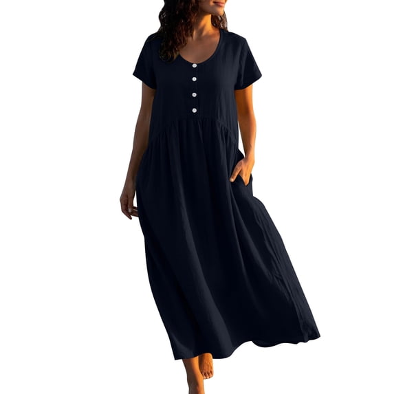 Gamivast Linen Dresses for Women Loose Fit Scoop Neck Beach Dress for Women Short Sleeve Sun Dresses with Pockets Casual Cotton Linen Maxi Dress