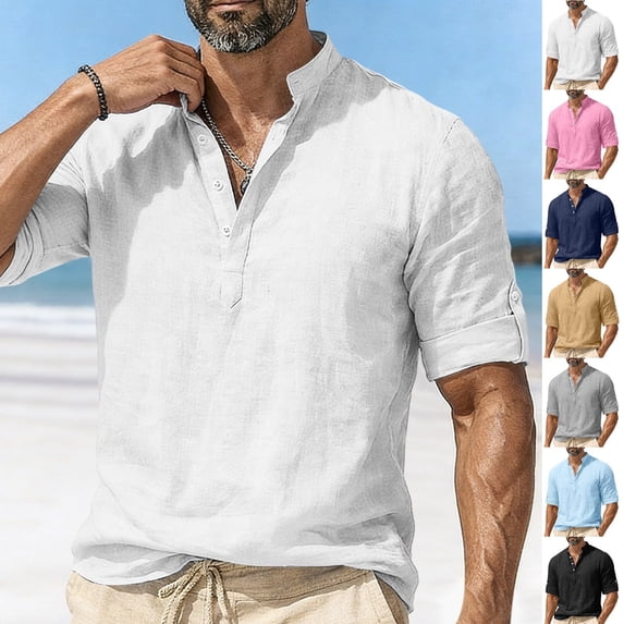 Gamivast Linen Henley Shirts for Men Band Collar Long Sleeve Boho Vacation Casual Shirts Loose Fit Solid Breathable Long Sleeve Work Shirts Spring Tops