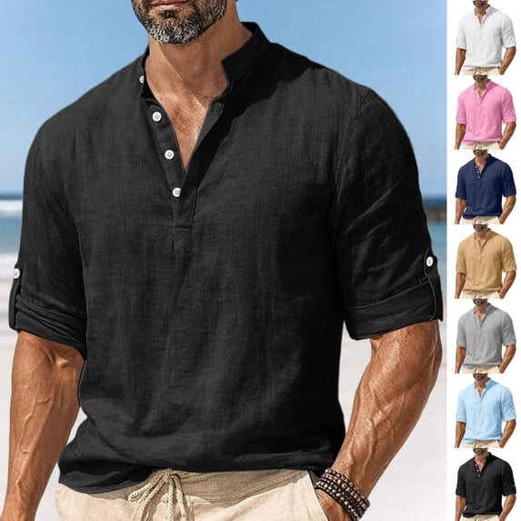 Gamivast Linen Henley Shirts for Men Band Collar Long Sleeve Boho Vacation Casual Shirts Loose Fit Solid Breathable Long Sleeve Work Shirts Spring Tops