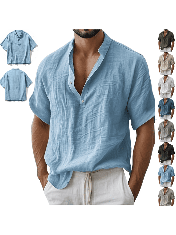 Linen Henley Shirts for Men Band Collar Short Sleeve Boho Hawaiian Vacation Shirts Loose Fit Solid Lightweight Soft Beach Shirts Summer Tops
