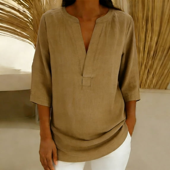 Gamivast Linen Linen Blouses for Women Loose Split V-Neck 3/4 Sleeve Tunics Casual Summer Shirts Plain Color Side Slit Work Wear Outfits