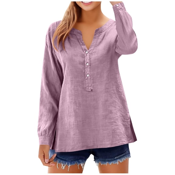 Gamivast Linen Long Sleeve Shirts for Women V Neck Comfy Button Front Casual Dressy Tops Beach Drop Shoulder Solid Blouse Spring outfits