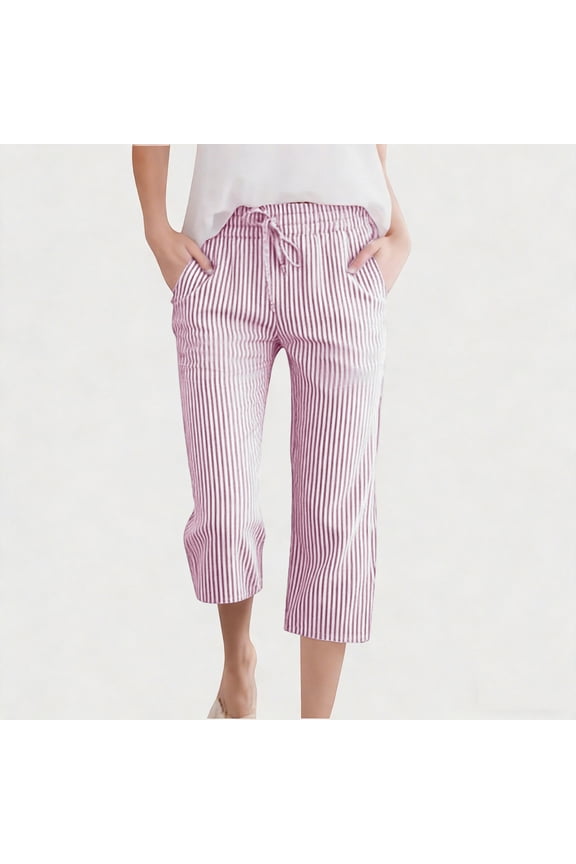 Linen Pants for Girls Capri Straight Leg Mid Rise Drawstring Elastic Waist Breathable Vertical Striped Cropped Pants with Pockets Casual Daily Wear