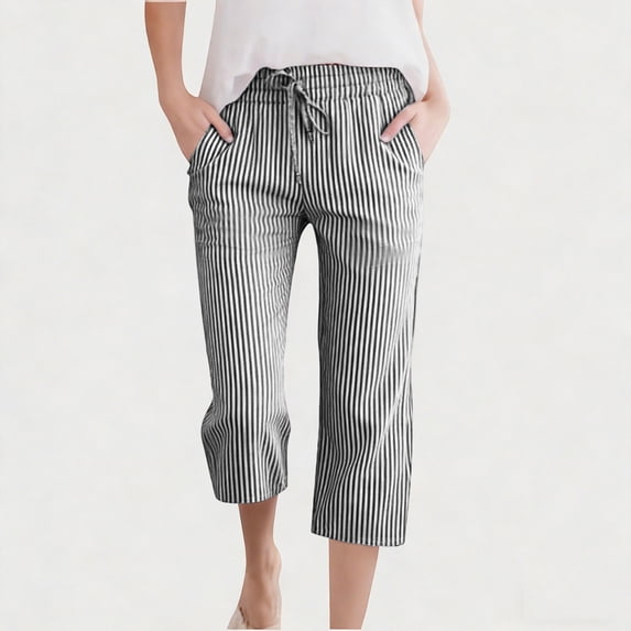 Gamivast Linen Pants for Girls Capri Straight Leg Mid Rise Drawstring Elastic Waist Breathable Vertical Striped Cropped Pants with Pockets Casual Daily Wear