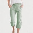 thumbnail image 1 of Gamivast Linen Pants for Girls Capri Straight Leg Mid Rise Drawstring Elastic Waist Breathable Vertical Striped Cropped Pants with Pockets Casual Daily Wear, 1 of 8