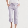 thumbnail image 1 of Gamivast Linen Pants for Girls Capri Straight Leg Mid Rise Drawstring Elastic Waist Breathable Vertical Striped Cropped Pants with Pockets Casual Daily Wear, 1 of 8