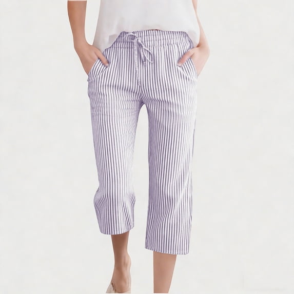 Gamivast Linen Pants for Girls Capri Straight Leg Mid Rise Drawstring Elastic Waist Breathable Vertical Striped Cropped Pants with Pockets Casual Daily Wear