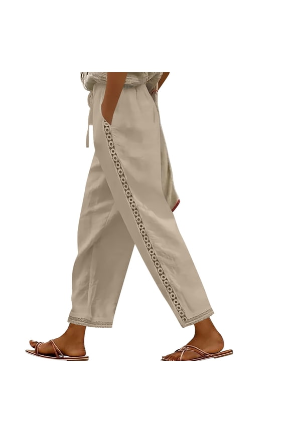 Linen Pants Women Crochet Lace Insert Side Elastic Waist Beach Pants Summer Loose Fit Casual Pants Lightweight Breathable Vacation Wear