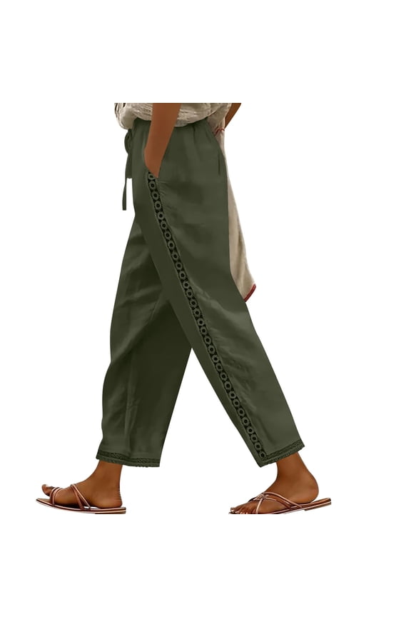 Linen Pants Women Crochet Lace Insert Side Elastic Waist Beach Pants Summer Loose Fit Casual Pants Lightweight Breathable Vacation Wear