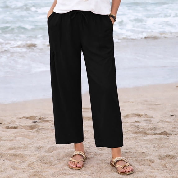 Gamivast Linen Pants for Women Cropped Straight Leg High Waisted Beach Pants Drawstring Elastic Waist Breathable with Pockets Easy Pull on Style for Garden Afternoons Errands and Weekend Wear