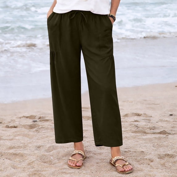 Gamivast Linen Pants for Women Cropped Straight Leg High Waisted Beach Pants Drawstring Elastic Waist Breathable with Pockets Easy Pull on Style for Garden Afternoons Errands and Weekend Wear