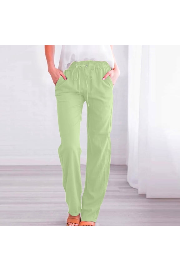 Linen Pants Women High Waisted Loose Fitted Straight Leg Trousers Dressy Drawstring Beach Pant with Pockets Teacher Outfits Preppy Clothes