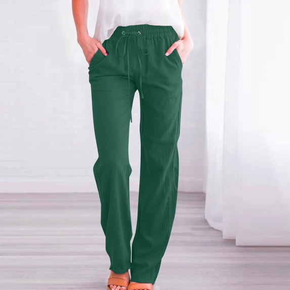 Gamivast Linen Pants Women High Waisted Loose Fitted Straight Leg Trousers Dressy Drawstring Beach Pant with Pockets Teacher Outfits Preppy Clothes